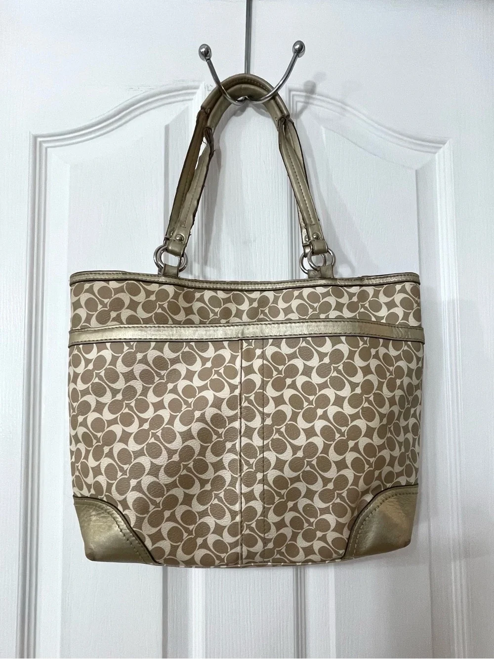 Coach Beige Signature Stripe Tote with Gold Trim